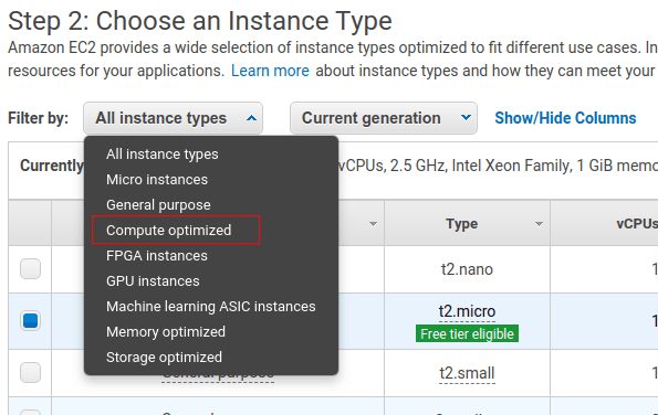 Filter by compute optimized.